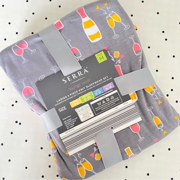 🍷 SERRA 🍷 wine champagne glass PJs pajamas set size M cotton gray pink - Picture 8 of 10